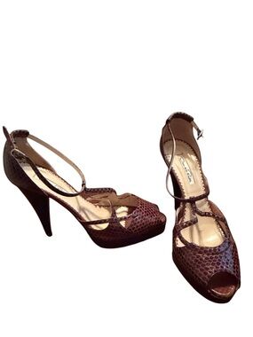 Vintage Oscar de la Renta Brown Reptile Embossed T-Strap Peep Toe Heel EU 40 Y2K